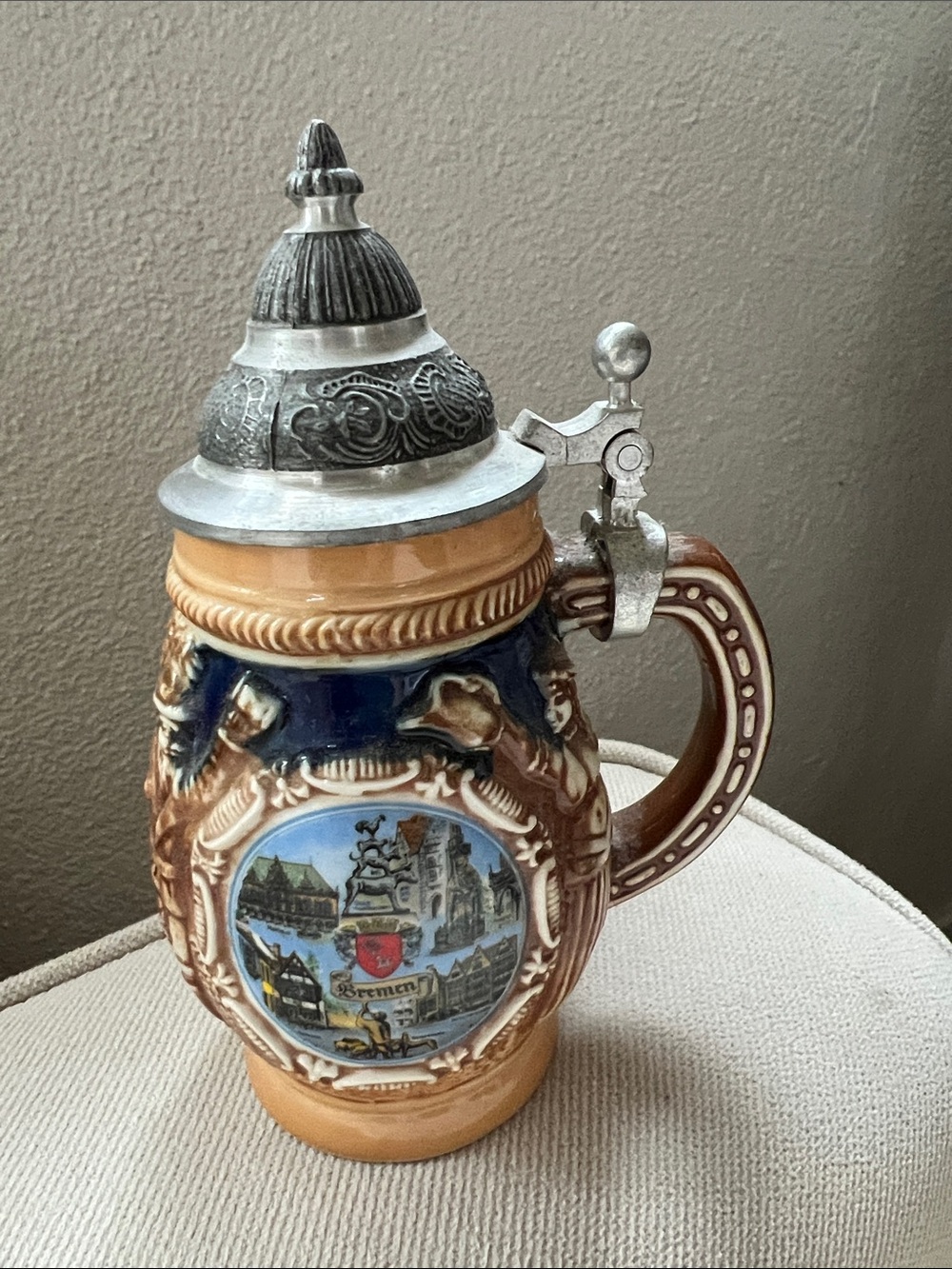 Traditional Gerz  Ceramic Beer Stein in Brown, Blue and Cream 6 Inches Length